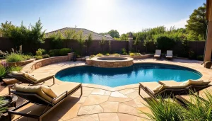 Enhance your outdoor space with Hardscapes & Pools featuring elegant stonework and lush landscaping.