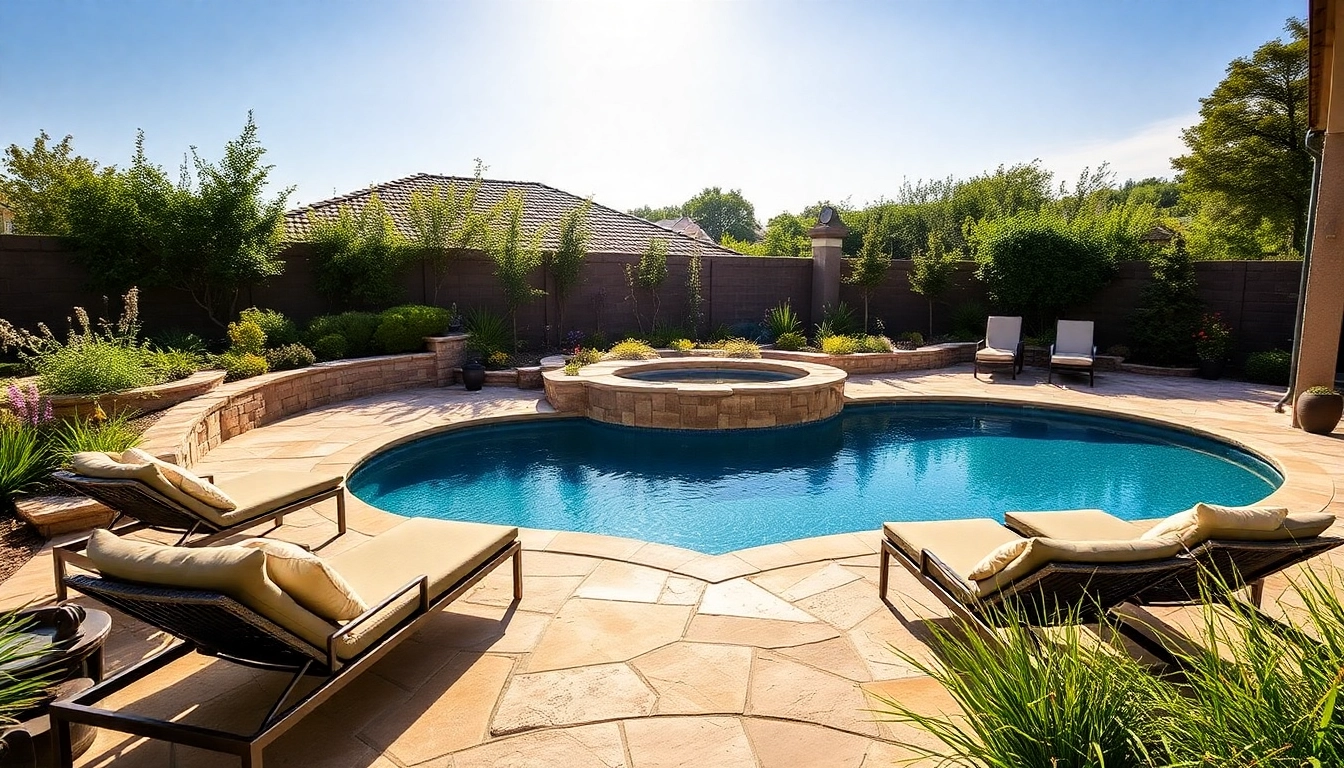 Enhance your outdoor space with Hardscapes & Pools featuring elegant stonework and lush landscaping.