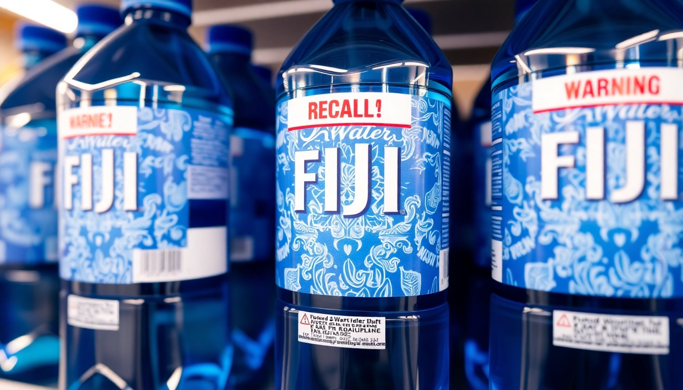 Fiji water bottles recalled due to safety concerns shown prominently on store shelves.