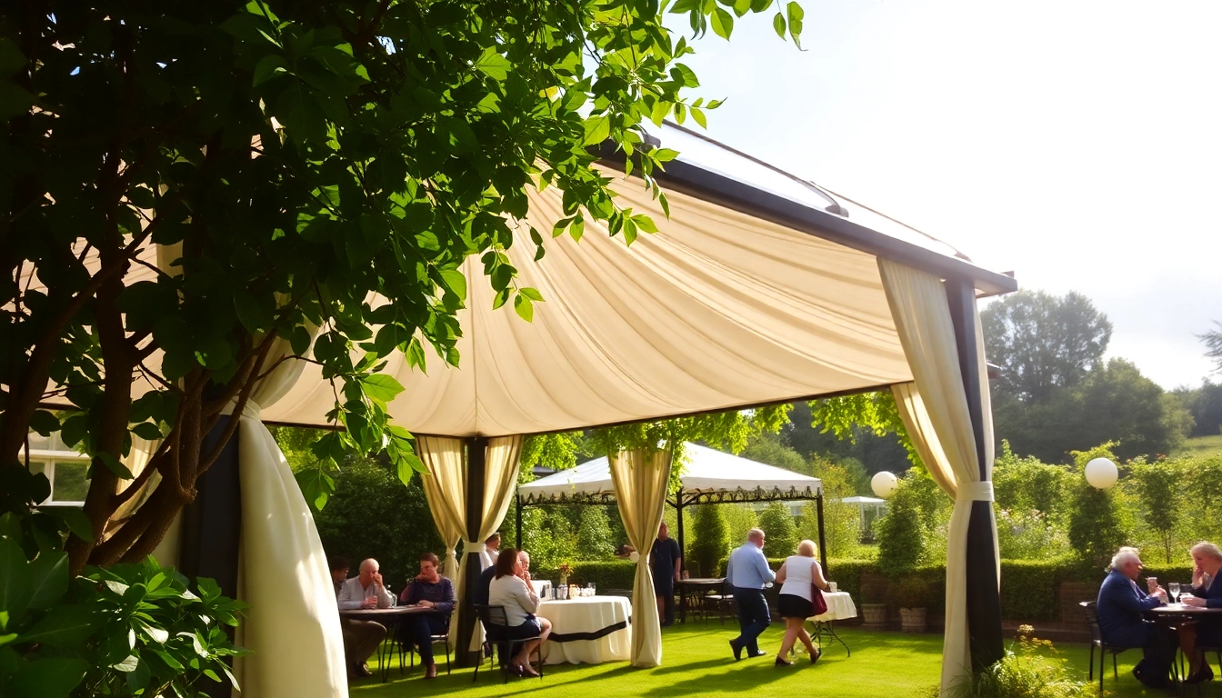 Stunning gazebo in Ireland enhancing a garden gathering with vibrant colors and shade.