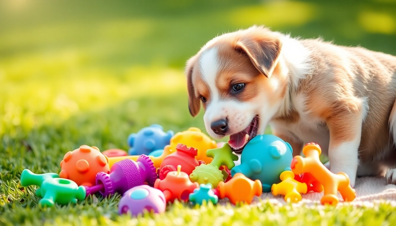 Engaging dog playing with various innovative pet toys on a sunny grass field.