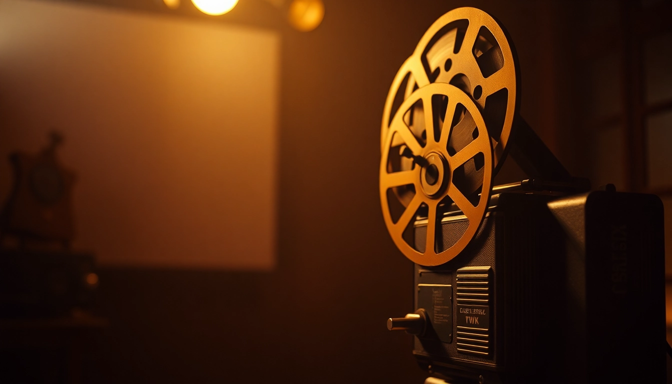 Download public domain movies free archive – vintage film reels and projector in a nostalgic cinema setting.