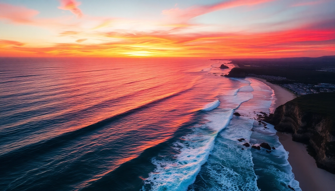 Enhance drone photography editing with vibrant sunset aerial view over a coastal landscape.