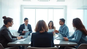 Professionals discussing outsourcing strategies during a business meeting.