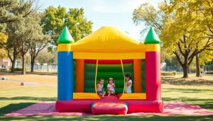 Children enjoying a bounce house rental near me in a bright, outdoor park setting.