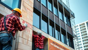 Workers meticulously performing facade installation on a contemporary building, showcasing precise techniques and materials.