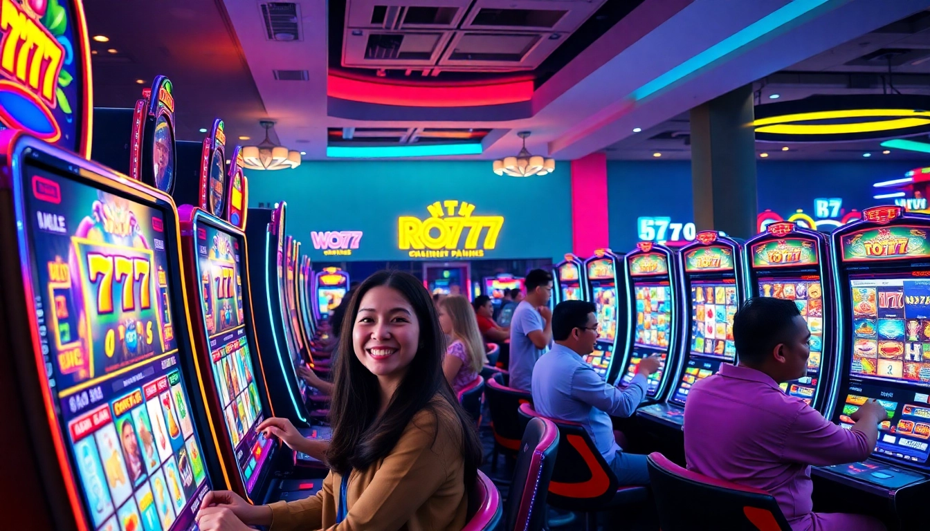 Experience the thrill of สล็อต777 slot games with colorful machines illuminating a lively casino environment.