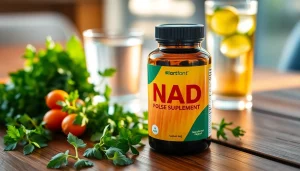 Highlighting a NAD Supplement bottle surrounded by fresh herbs, promoting health and vitality.