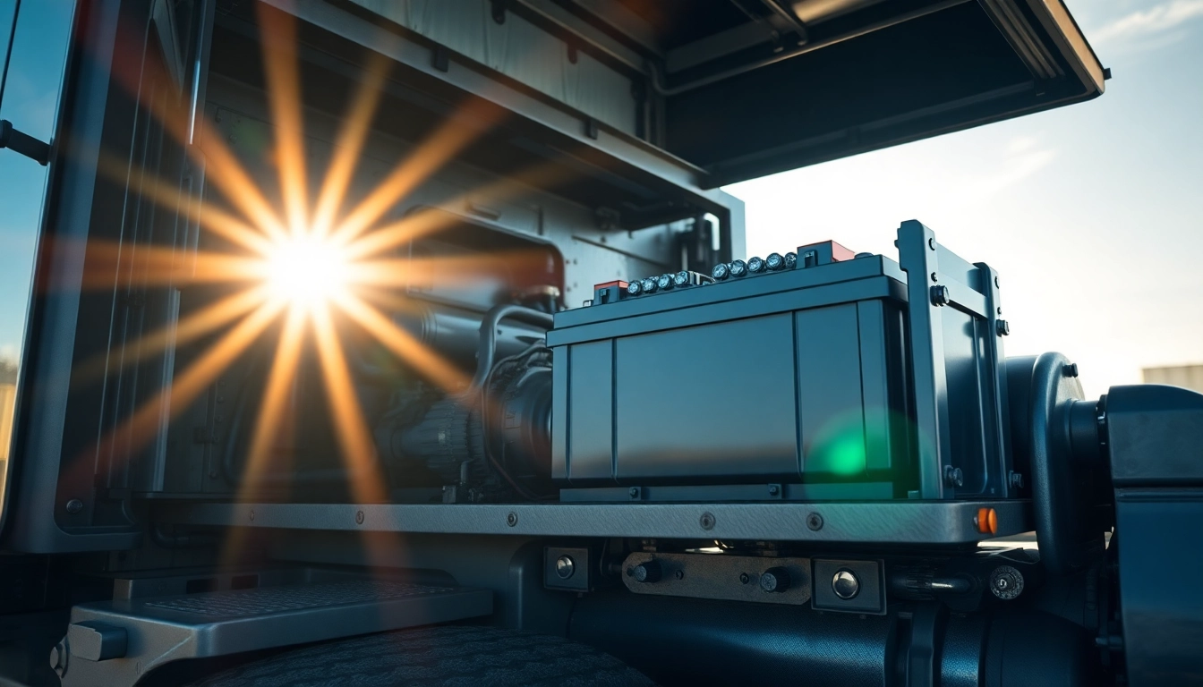 Showcasing battery replacement for heavy trucks on the road with a focus on durability and power.