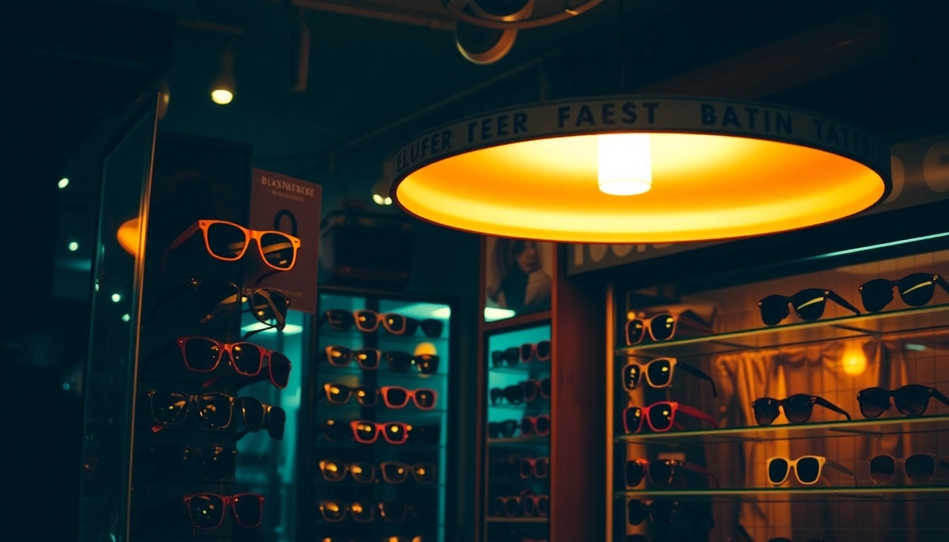 Shop showcasing vintage sunglasses labeled Here, highlighting unique styles in a nostalgic, warm ambiance.