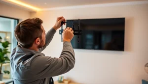 Expert TV mounting installation service in a contemporary living space with professional equipment.