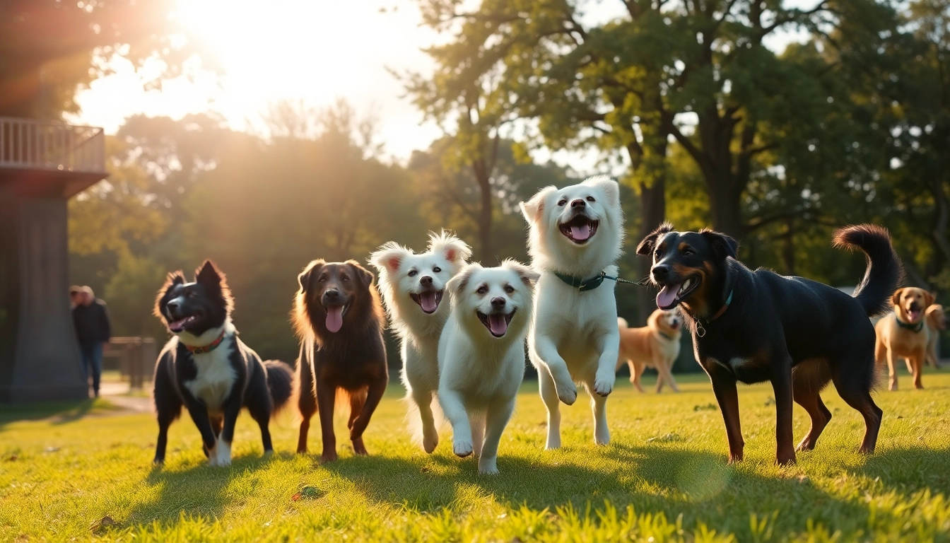 Kate's K9 Pet Care offers joyful dogs playing in a sunny park setting, showcasing lively and happy pets.