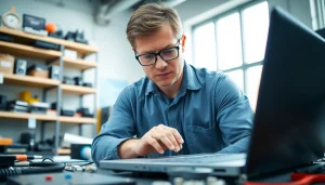 Riparazione computer settimo torinese con un tecnico esperto che lavora su un laptop.