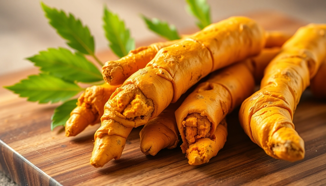 Healthy turmeric root displayed on a wooden cutting board, showcasing its vibrant color and texture.