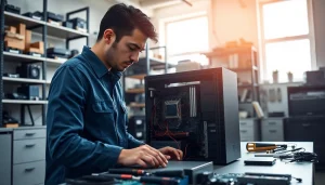 Riparazione computer torino: Tecnico esperto al lavoro su computer in un laboratorio moderno