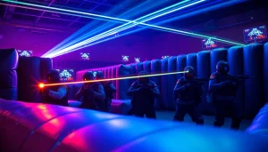 Experience thrilling laser tag action with players in tactical gear during an energetic game.