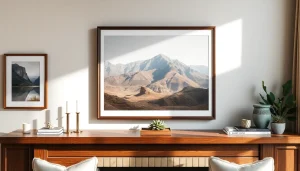 Show a stylish 20x30 frame displaying a vibrant landscape in a cozy living room setting.