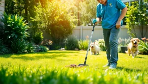 Dog poop cleaning service technician scooping waste in a sunny backyard, ensuring a clean environment.
