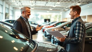 Engaging scene of part exchange discussion at an automotive dealership showcasing trust and professionalism.