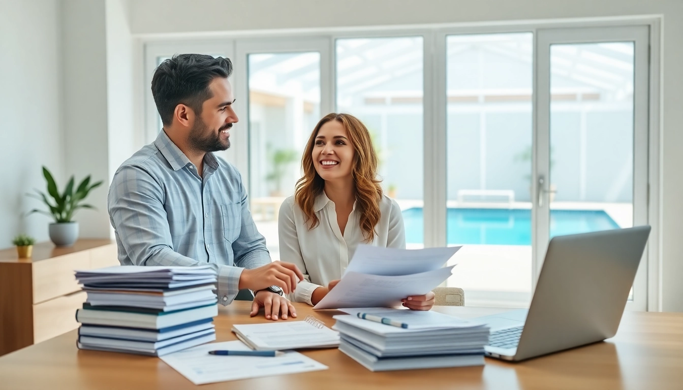 Exploring swimming pool financing options in a modern home office with a couple engaged in discussion.