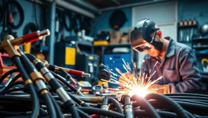 Shop for welding supplies near me at a well-equipped workshop featuring essential tools and safety gear.