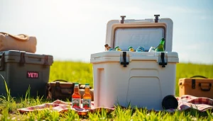 View of Yeti cooler alternatives in a lively picnic setting, showcasing vibrant drinks and foods.
