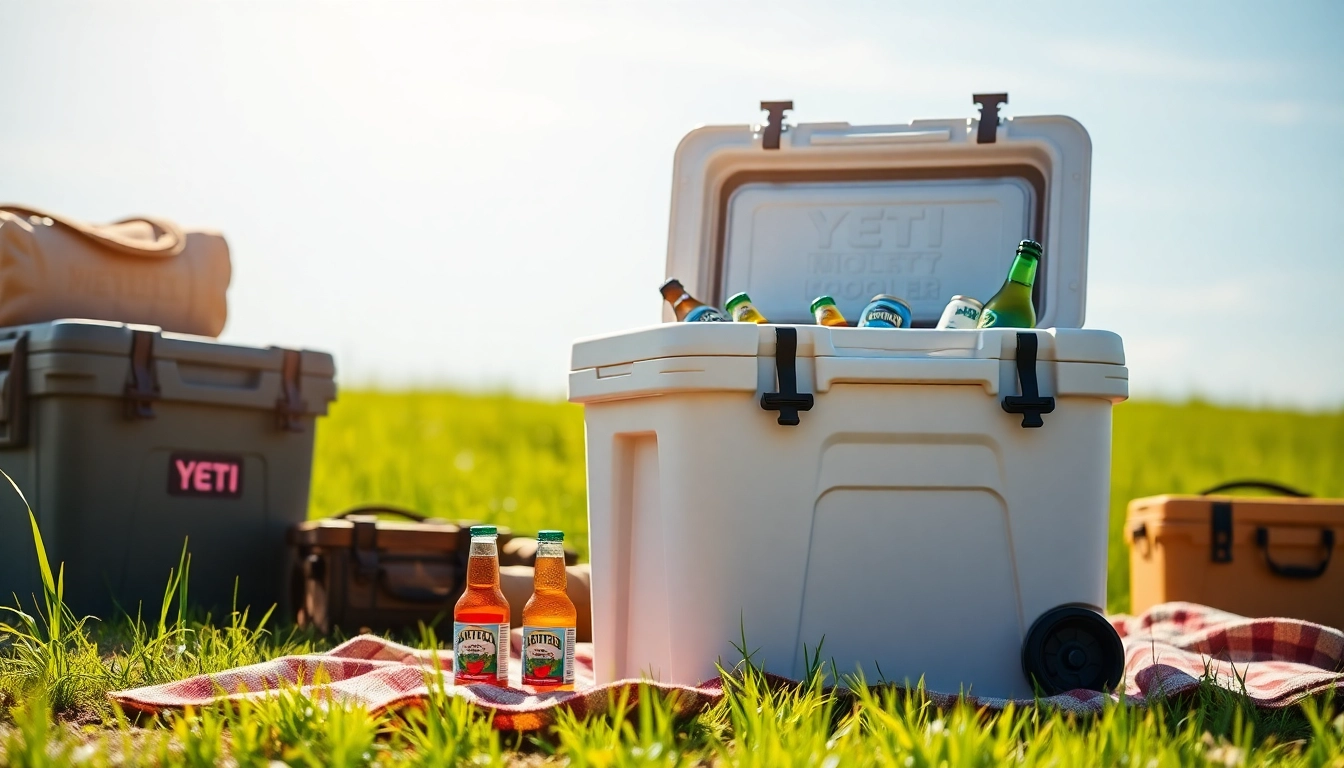 View of Yeti cooler alternatives in a lively picnic setting, showcasing vibrant drinks and foods.
