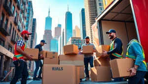 Loading boxes by professional cheap movers nyc with a vibrant city backdrop.