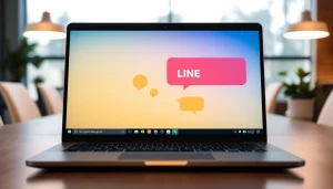 Download the LINE desktop application with a vibrant messaging interface on a laptop screen.