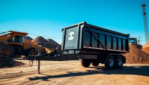Hydraulic dump trailers for sale showcasing a robust design in an industrial backdrop with construction activity.