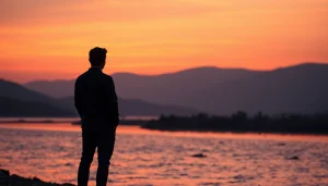 Contemplative figure dealing with grief by a tranquil river at sunset, reflecting on memories.