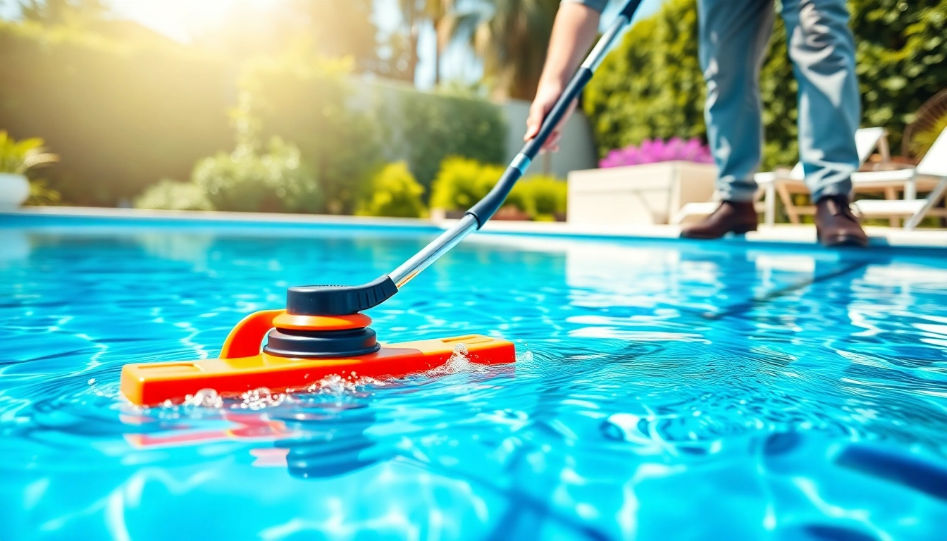 Pool cleaning service near me showcasing a professional technician in a bright backyard.