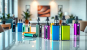 Showcasing nicotine free vapes with vibrant designs in a modern, inviting atmosphere.