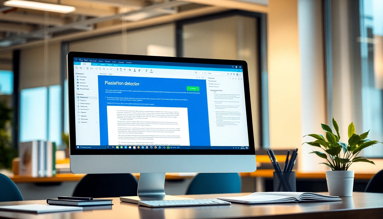 Analyze text with a plagiarism detector interface in a modern office setting.