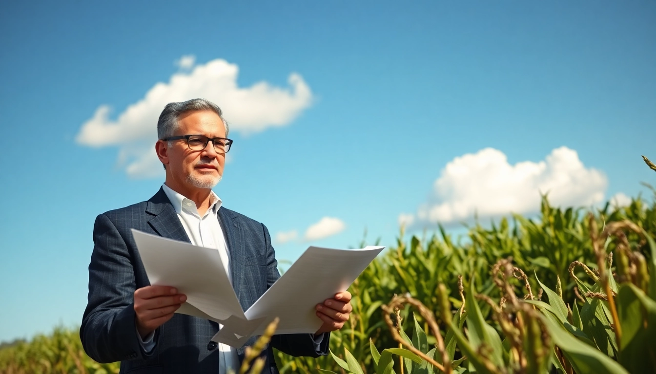 Agriculture lawyer advising farmers in a sunlit field with vibrant crops.
