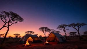 A stunning Tanzania budget camping safari setup in the Serengeti under a starry sky.