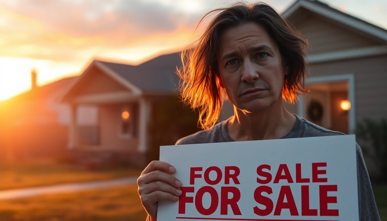 A distressed homeowner expressing urgency as they say i want to sell my house urgently with a "For Sale" sign.