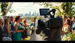Edmonton videographer capturing a wedding moment with a vibrant city backdrop.