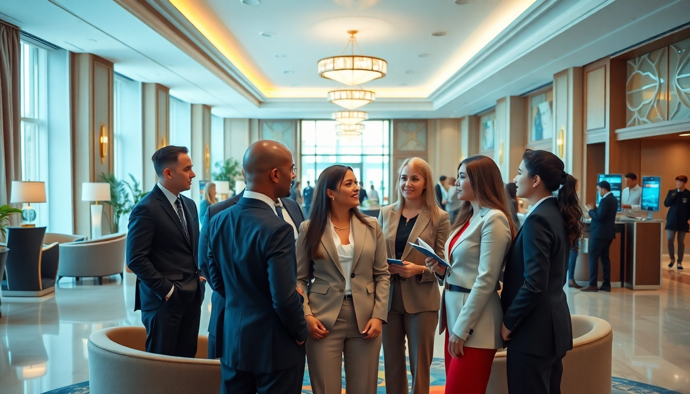 Engaging scene of hotel management team strategizing inside a modern hotel lobby.