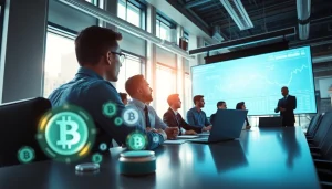 Stock market analyst presenting insights on artificial intelligence stock picks with digital graphs and currency.