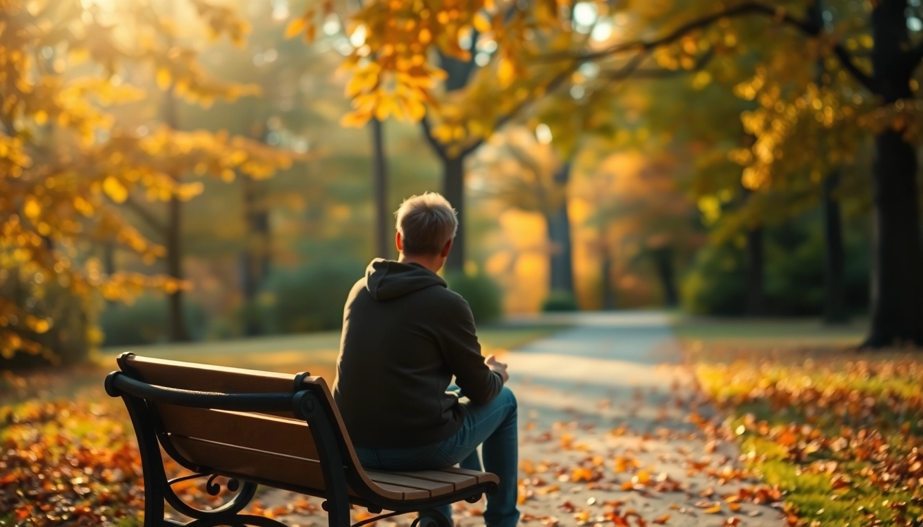 Person reflecting on dealing with grief while seated on a park bench among autumn leaves.
