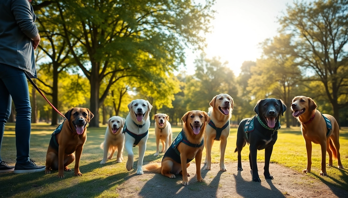 View of service dogs for sale interacting with their trainers in a park, showcasing diverse breeds.