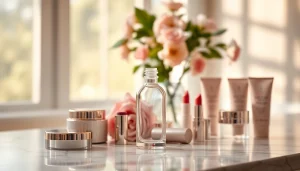 Showcase beauty products artistically on marble with elegant soft lighting.