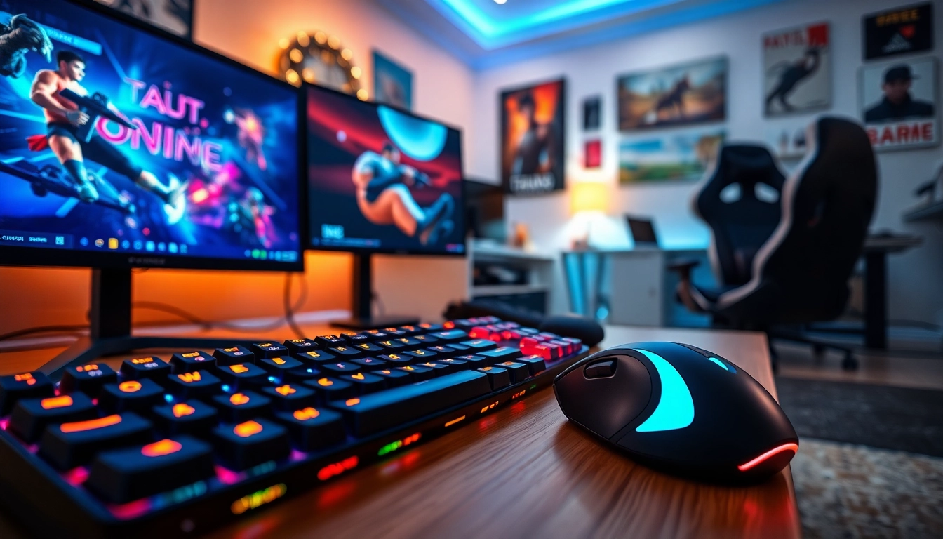 Mainkan game online dengan setup gaming modern lengkap di ruangan yang nyaman.