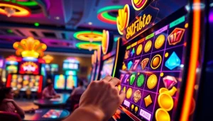 Play luxury111 slot with a glorious machine filled with jewels and gold in a vibrant casino.