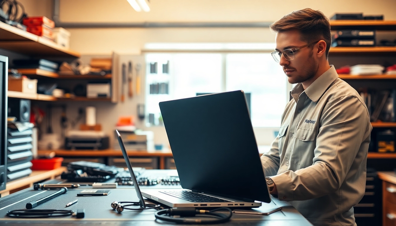 Technician providing computer service with diagnostic tools in a modern workspace.