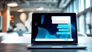 Engaging chatbot for website showcased on a laptop in a sleek office setting.