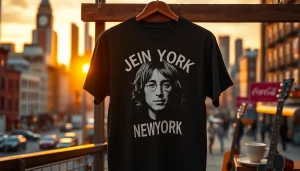 Showcasing stylish John Lennon New York shirt hanging in a vibrant NYC setting with warm sunset lighting.