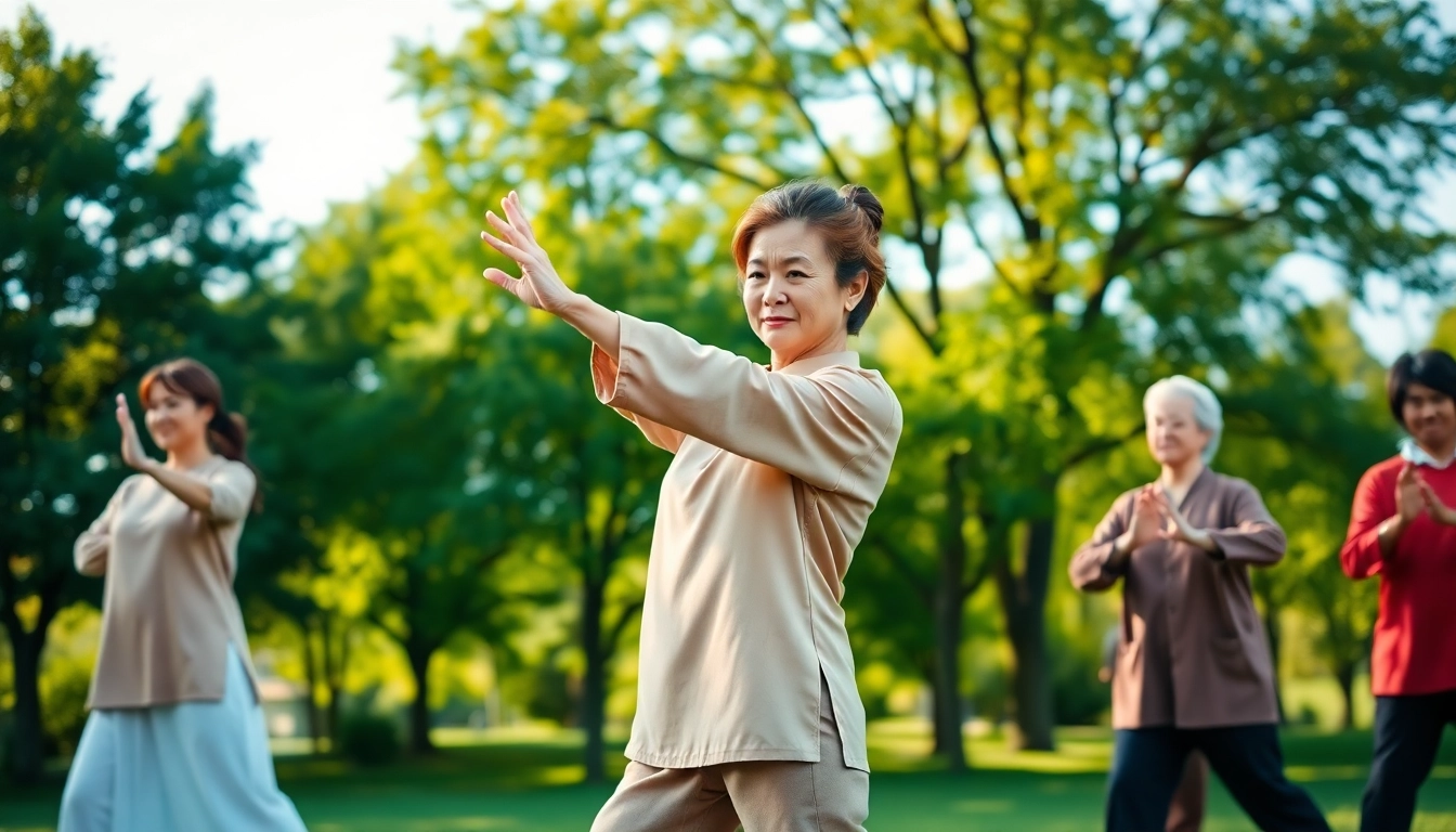 Engaging in Online Tai Chi Lessons in a serene park setting, demonstrating calm and fluid movements.