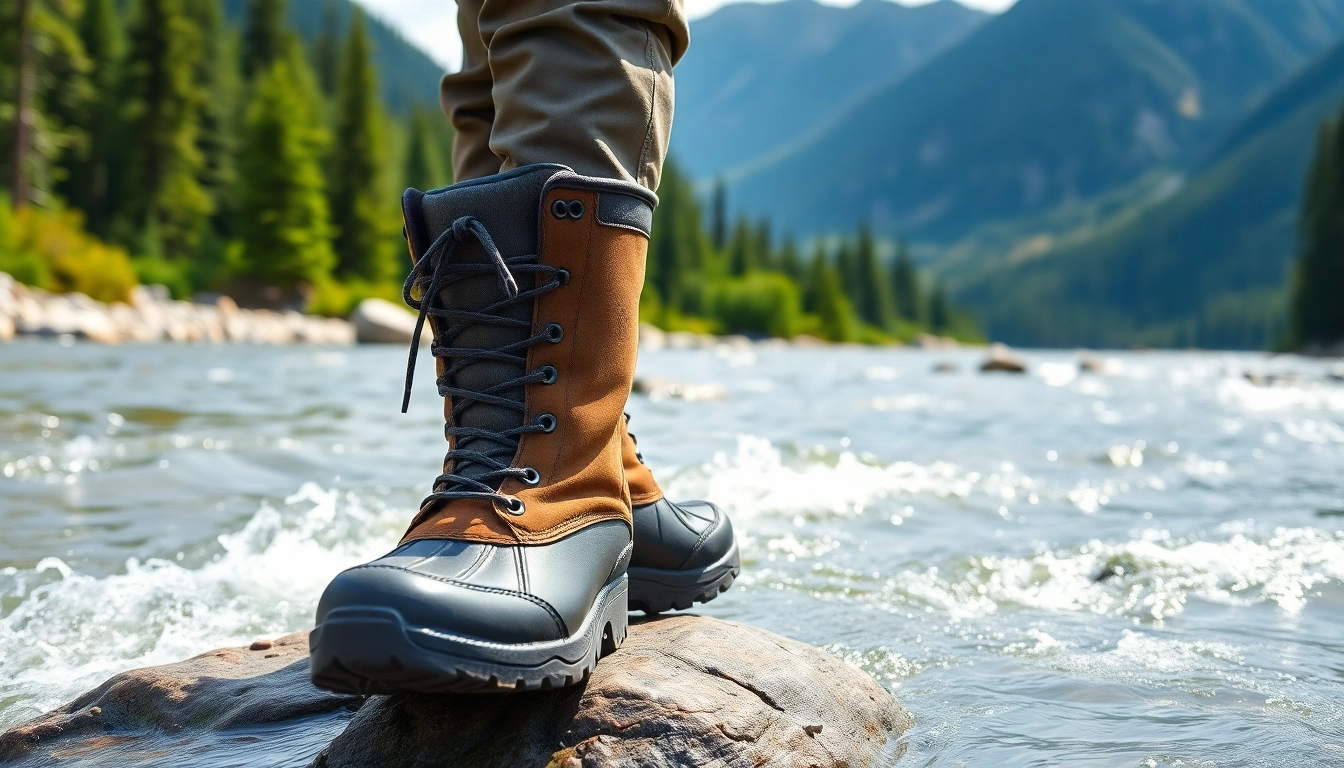 Fly fishing boots positioned on a rock by an alpine river, highlighting their waterproof features.